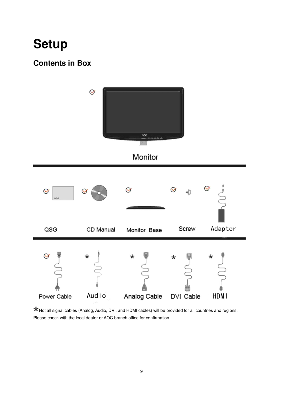 AOC e2040S manual Setup, Contents in Box 