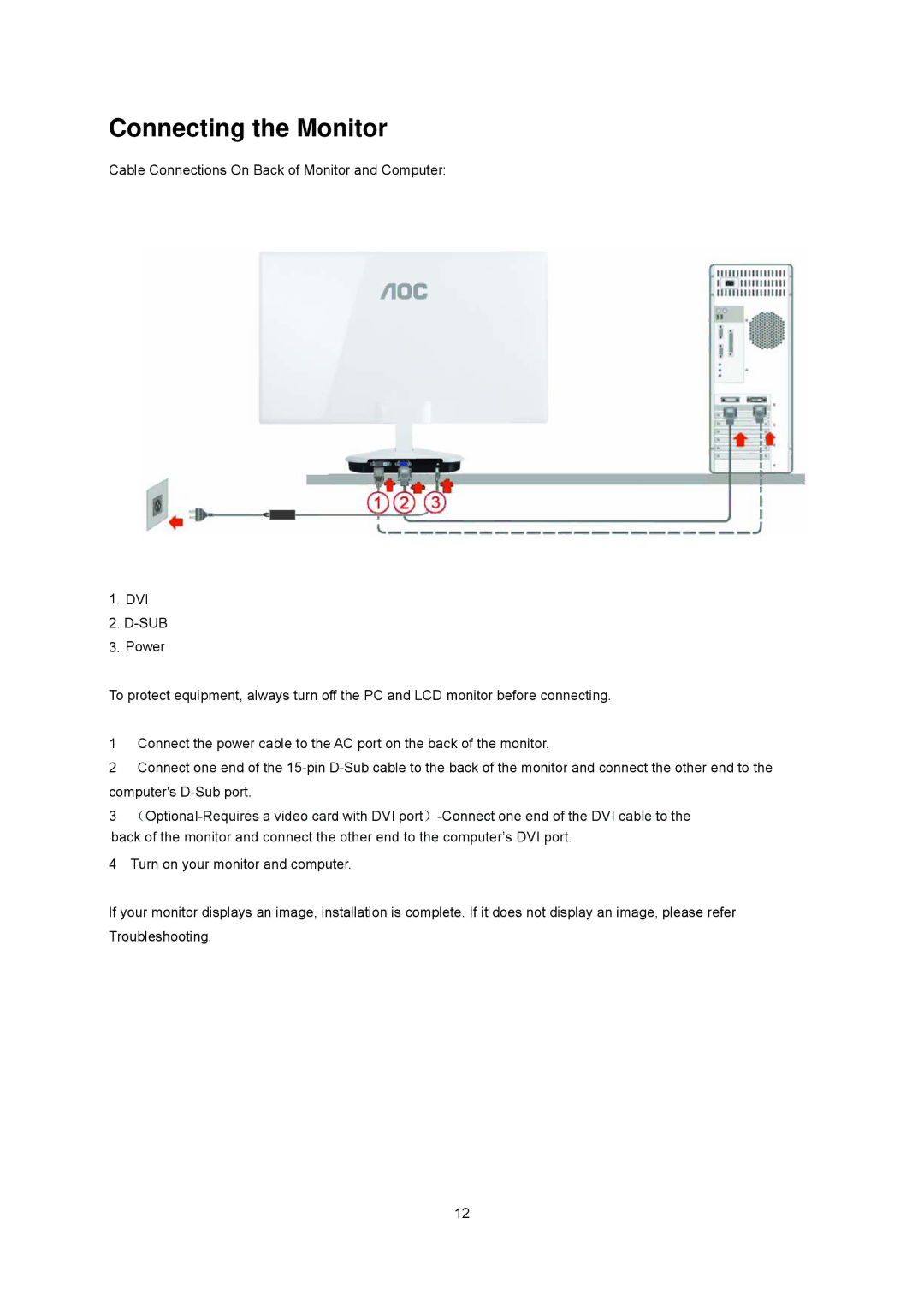 AOC E2043FK manual Connecting the Monitor 