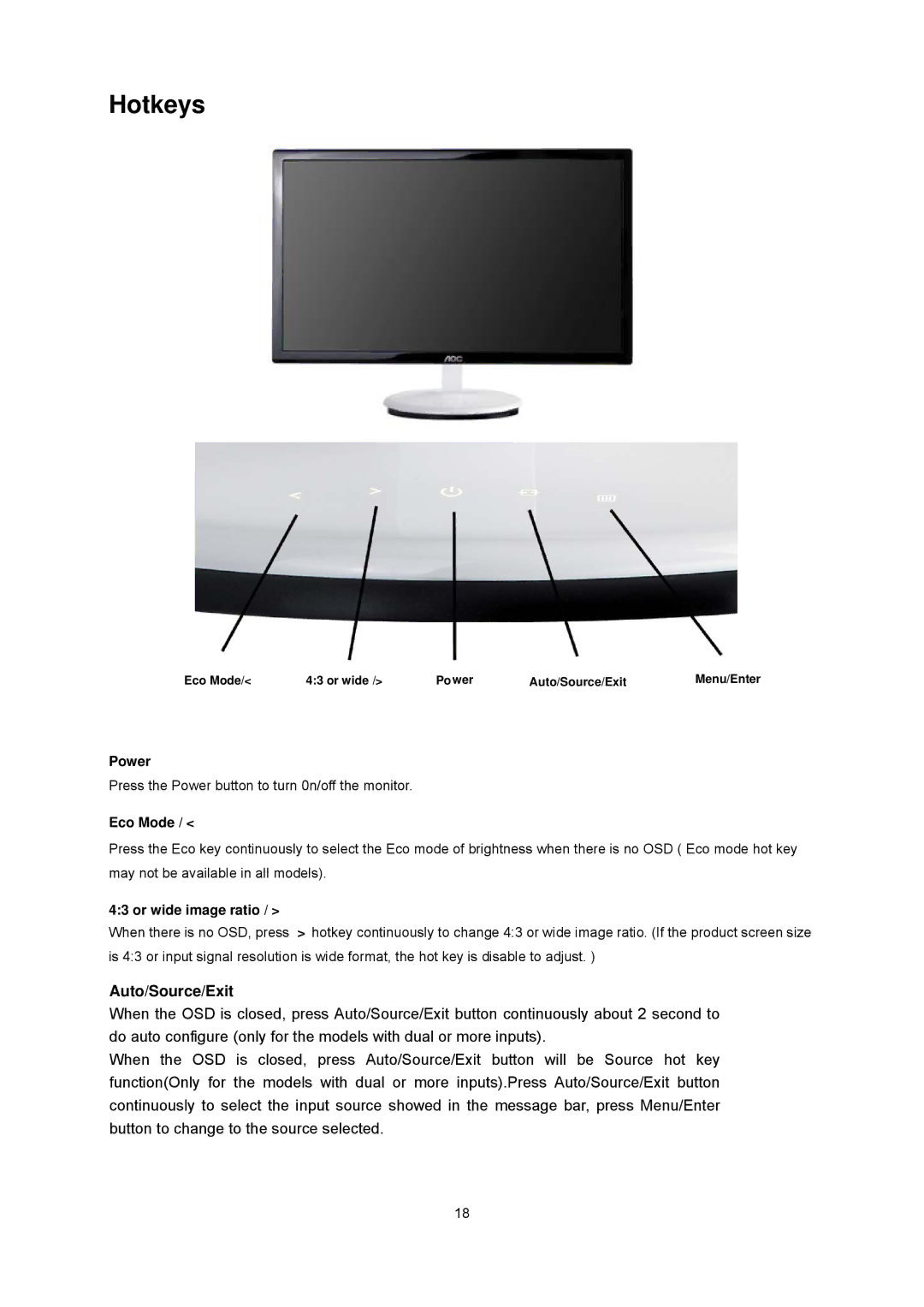 AOC E2043FK manual Hotkeys, Eco Mode 