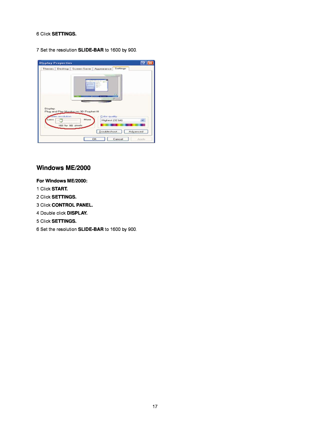 AOC E2043FK manual For Windows ME/2000, Click SETTINGS 3 Click CONTROL PANEL 