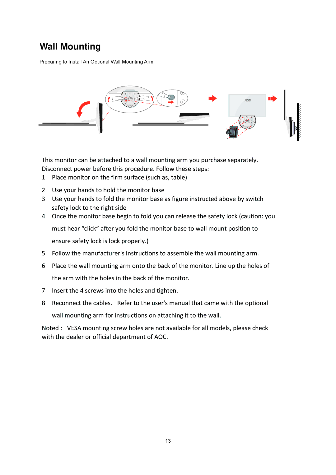 AOC e2043Fs manual Wall Mounting 