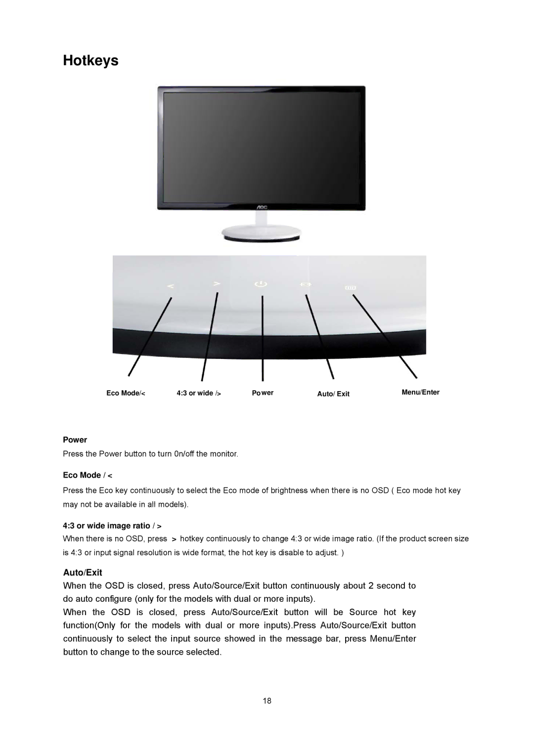 AOC e2043Fs manual Hotkeys, Eco Mode 