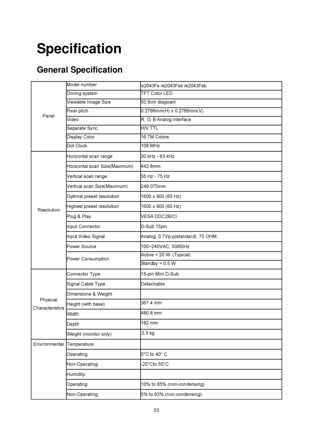 AOC e2043Fs manual General Specification 