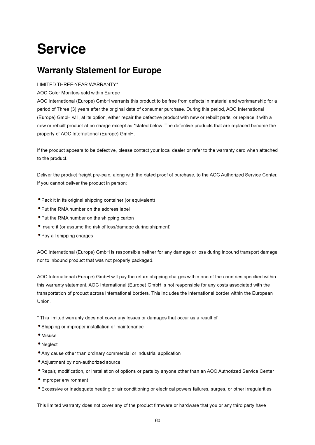 AOC e2043Fs manual Service, Warranty Statement for Europe 