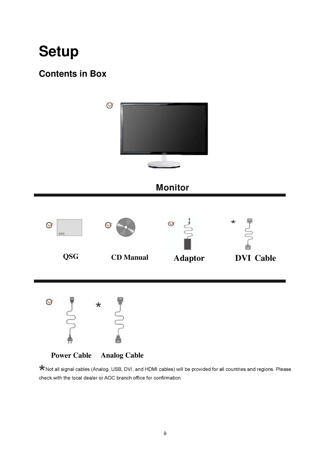 AOC e2043Fs manual Setup, Contents in Box 