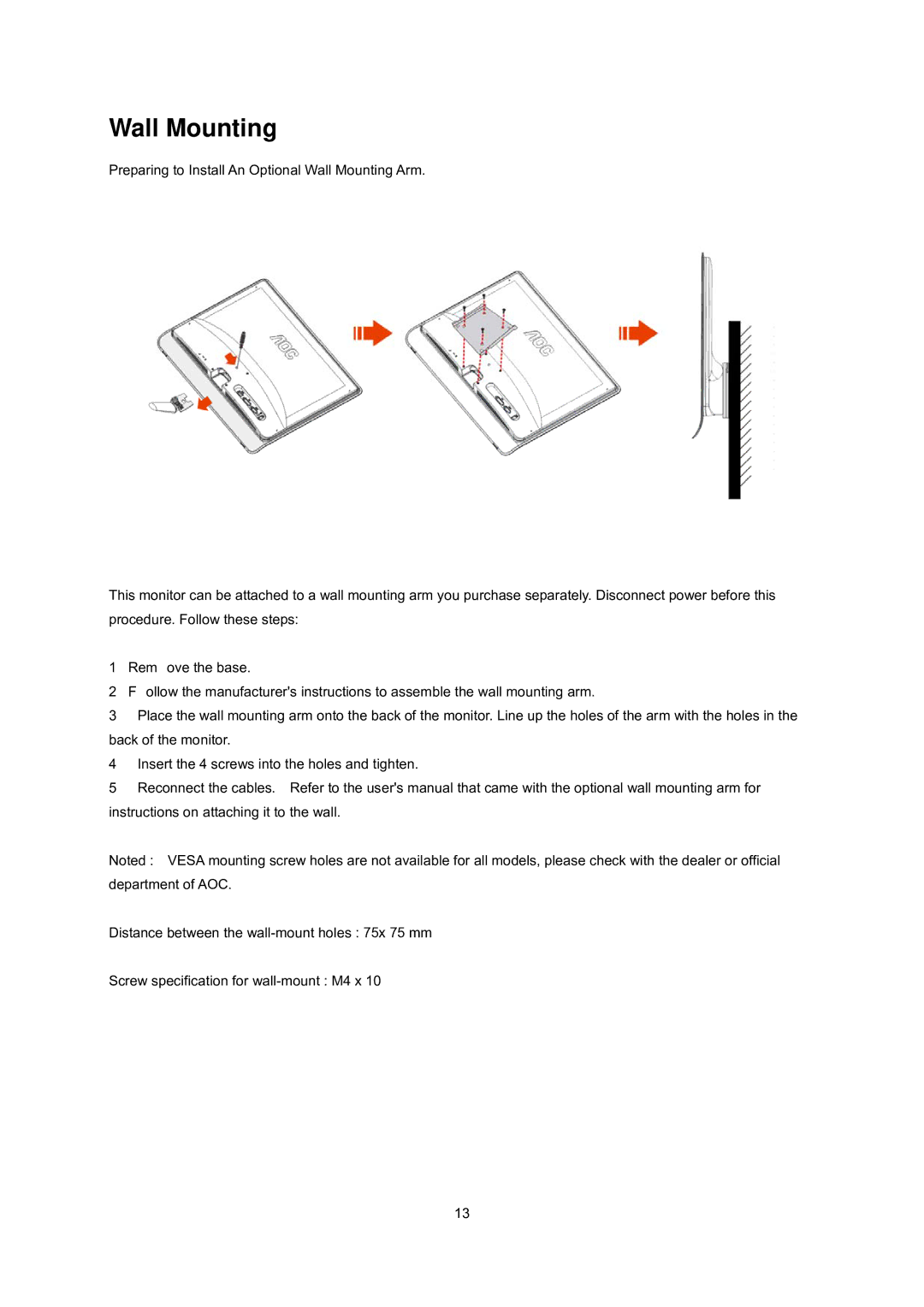 AOC E2237FWH manual Wall Mounting 