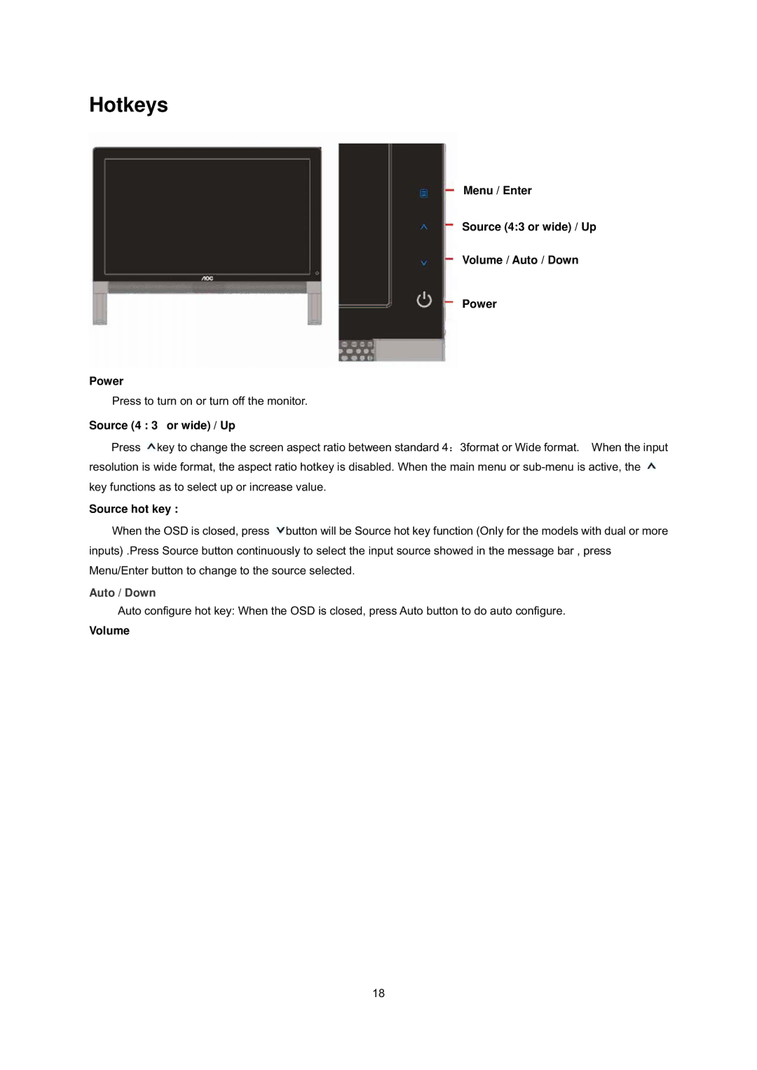 AOC E2239FWT manual Hotkeys, Source 4 3 or wide / Up, Source hot key, Volume 