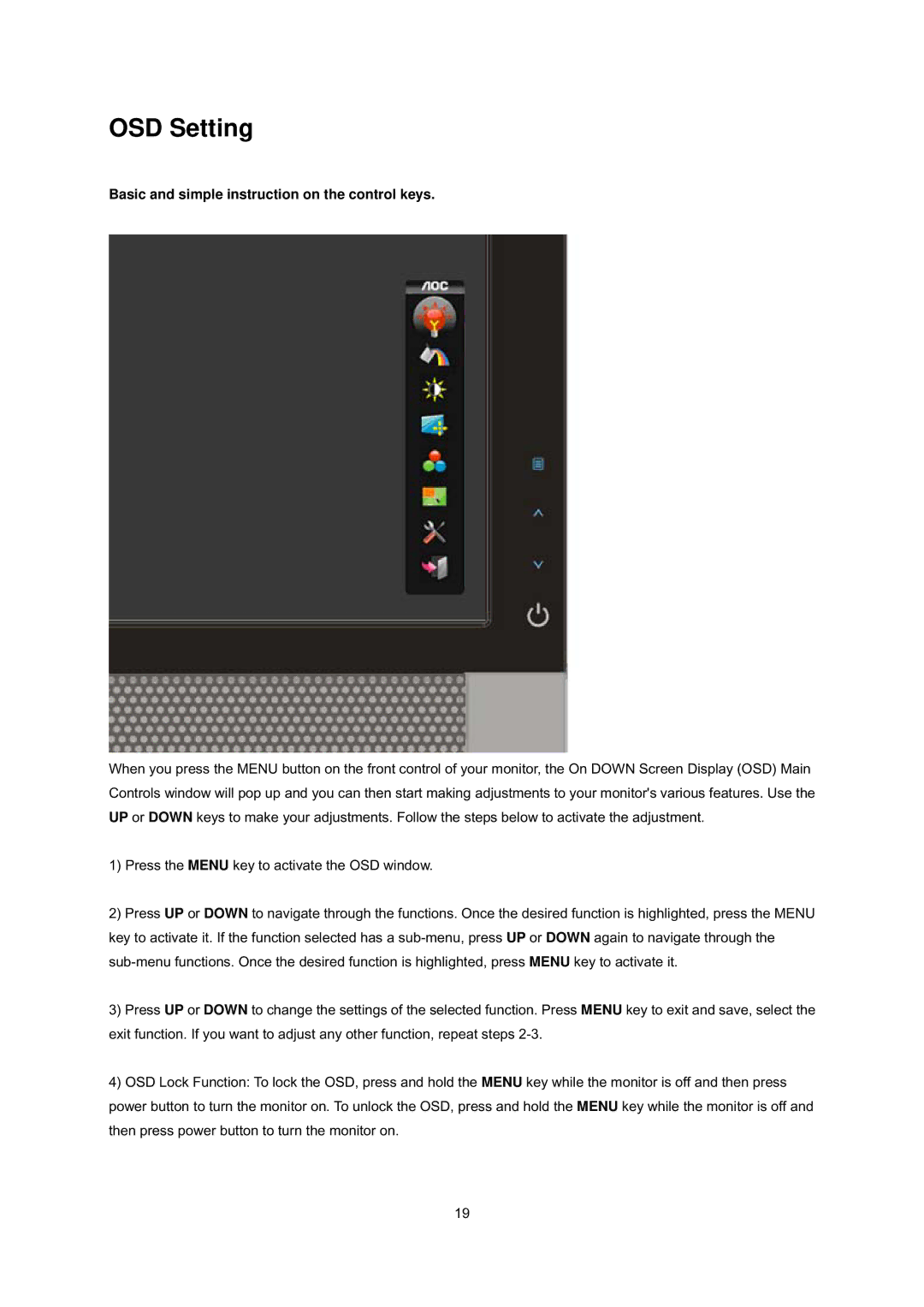 AOC E2239FWT manual OSD Setting, Basic and simple instruction on the control keys 