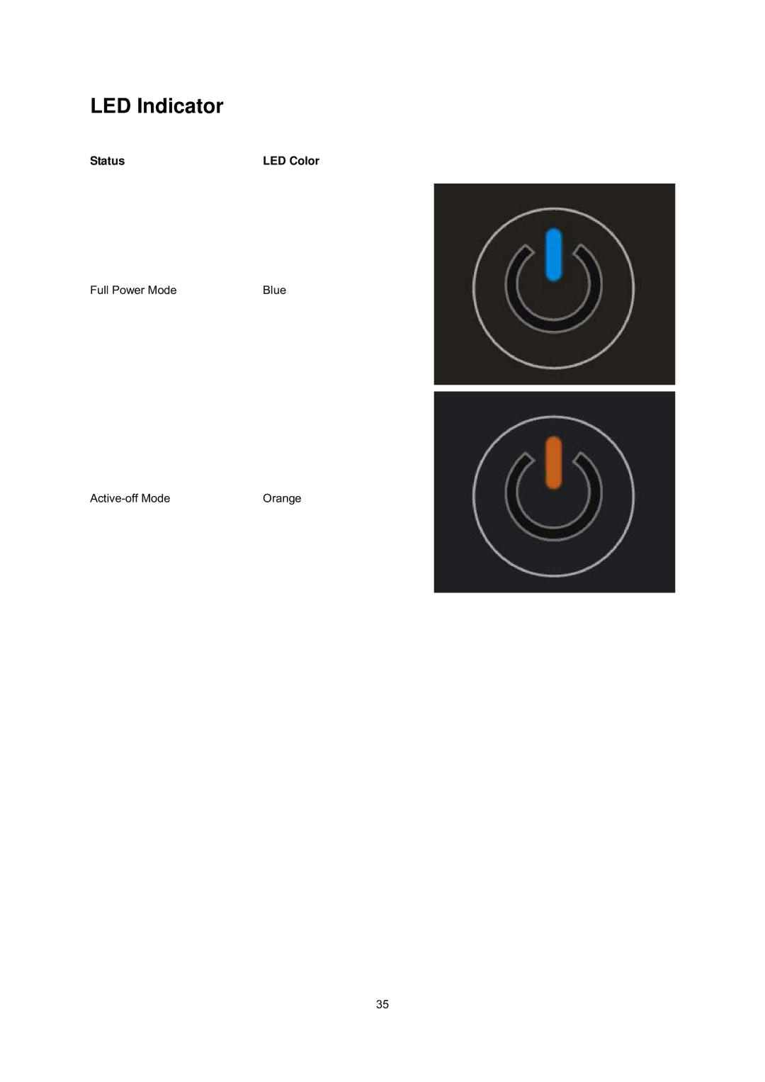 AOC E2239FWT manual LED Indicator, Status LED Color 