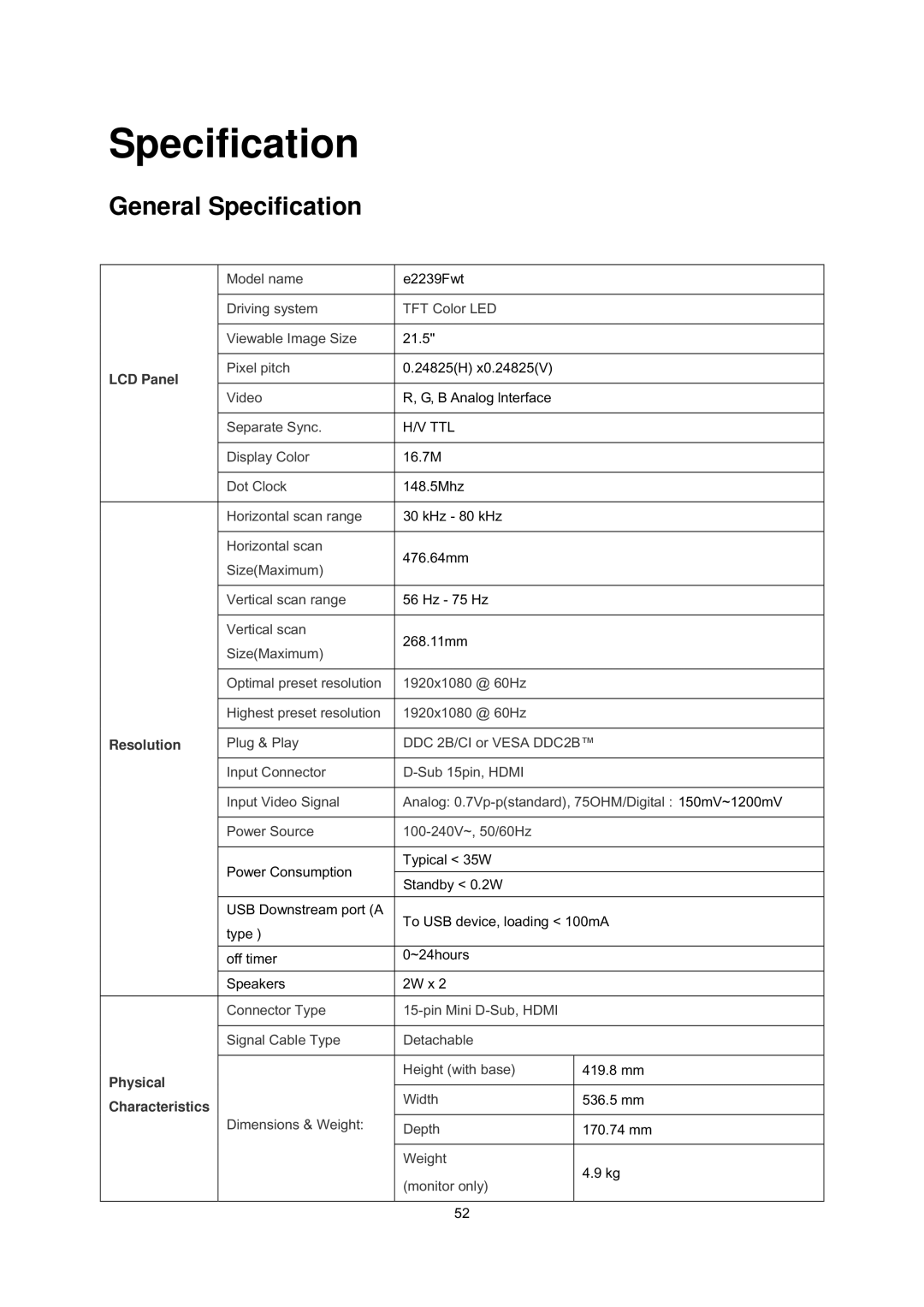 AOC E2239FWT manual General Specification 