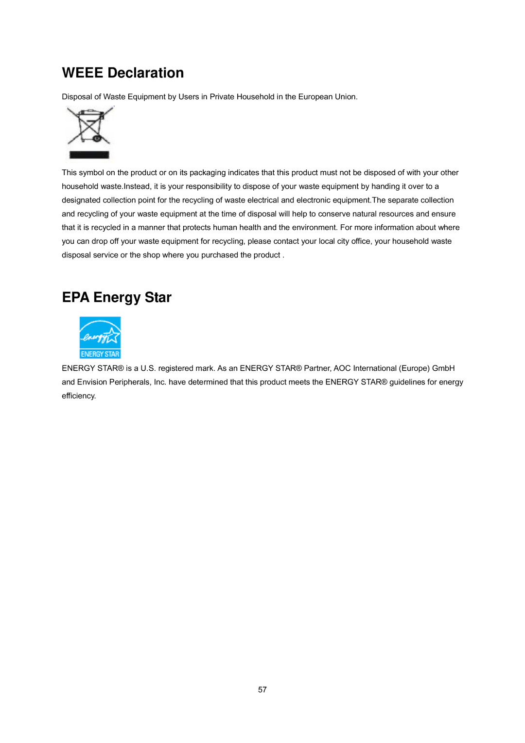 AOC E2239FWT manual Weee Declaration, EPA Energy Star 