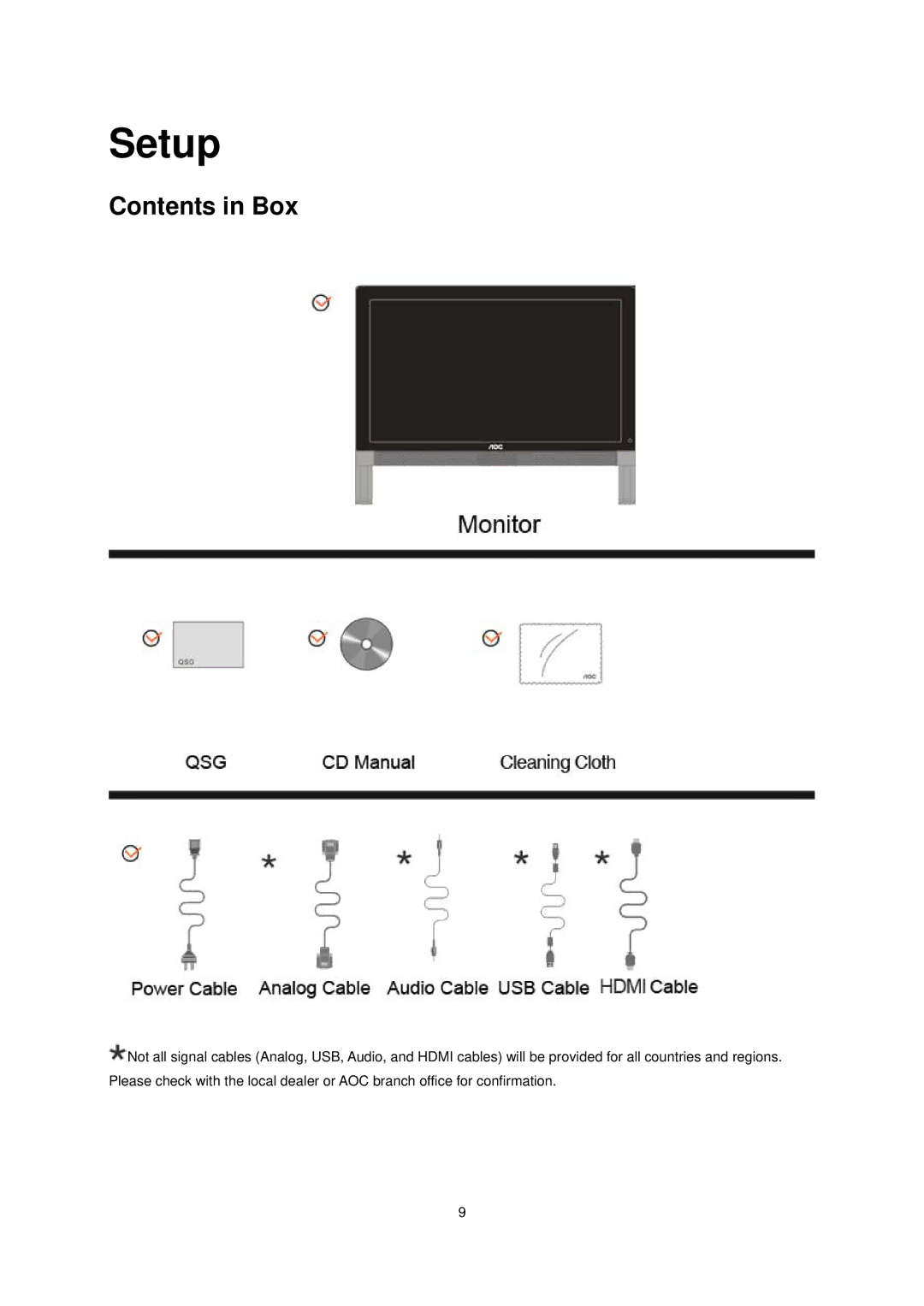 AOC E2239FWT manual Setup, Contents in Box 