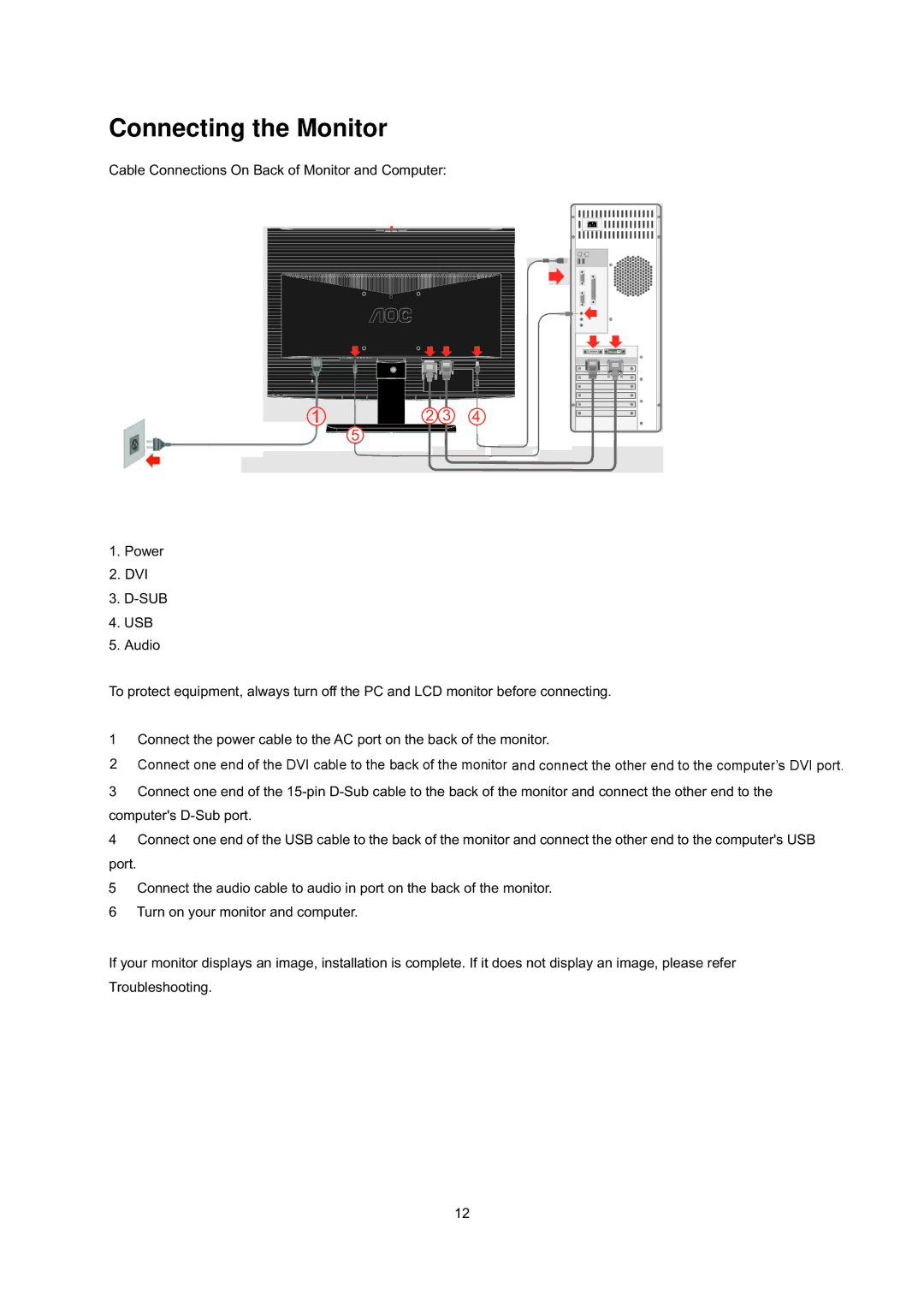 AOC E2241VWA manual Connecting the Monitor 