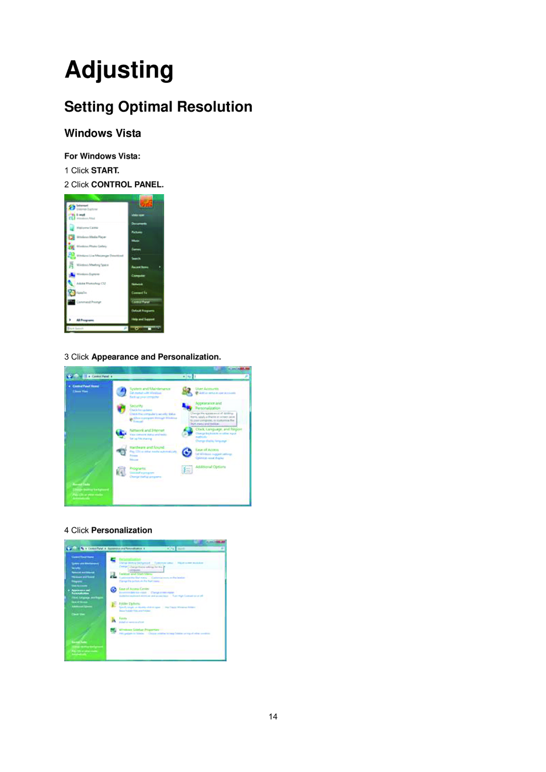 AOC E2241VWA manual Adjusting, Setting Optimal Resolution, Windows Vista 