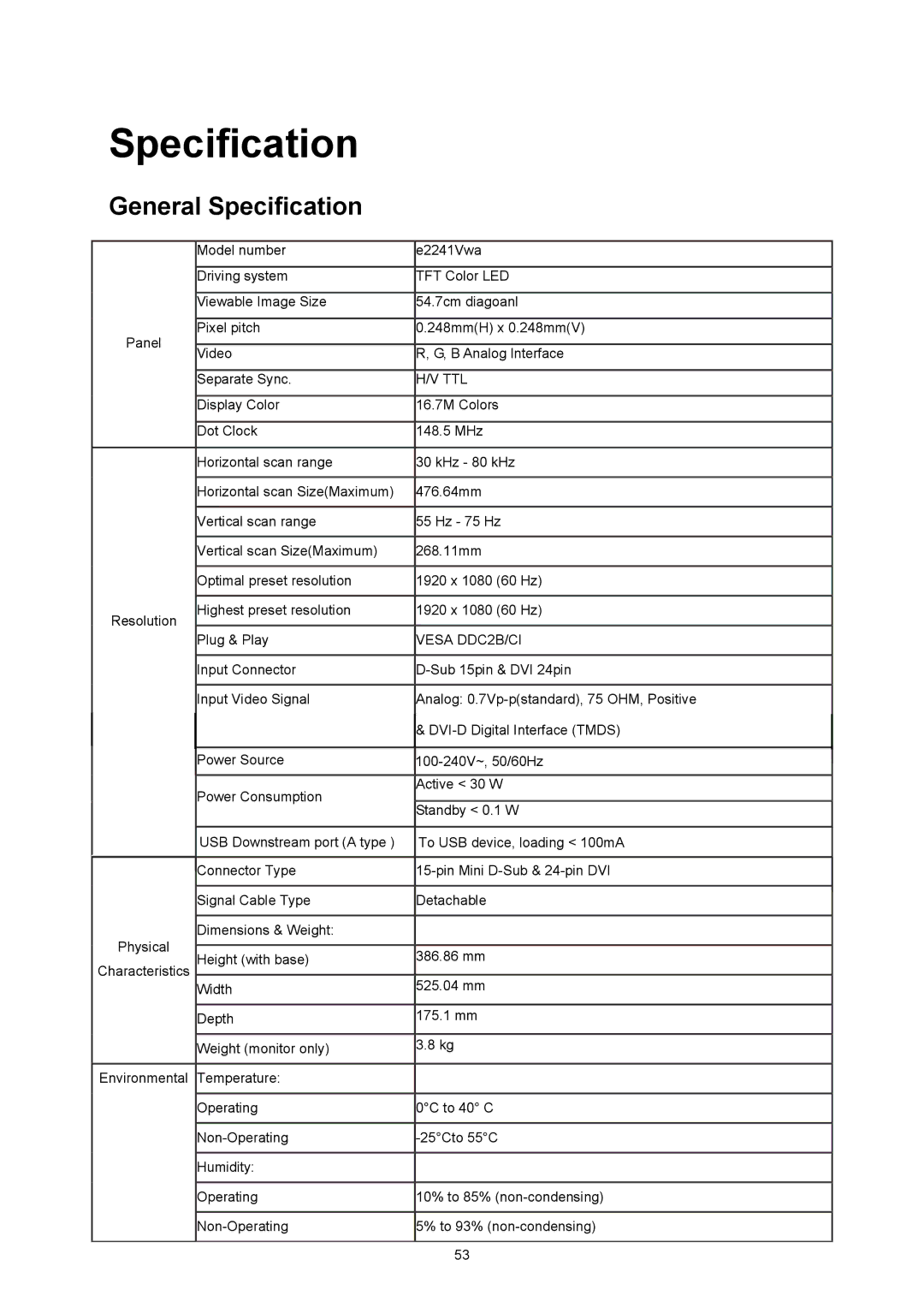 AOC E2241VWA manual General Specification 