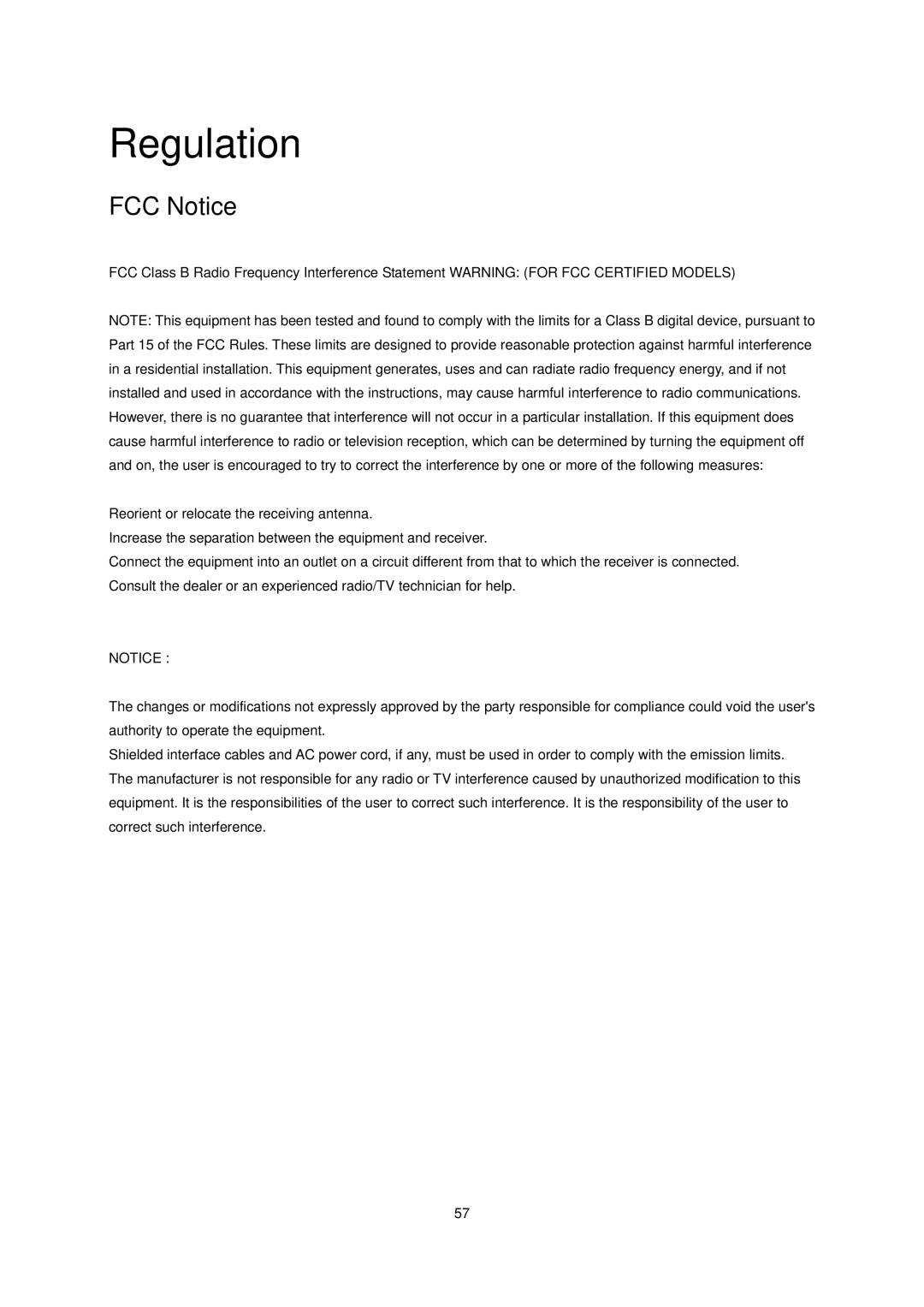 AOC E2241VWA manual Regulation, FCC Notice 