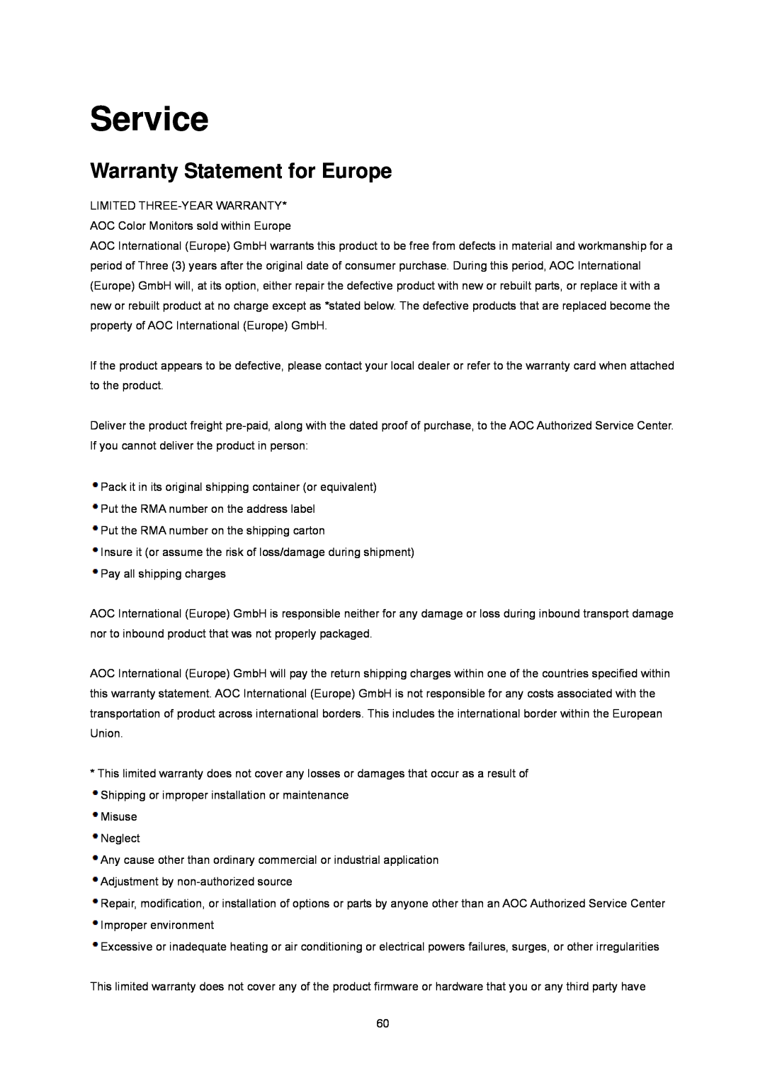 AOC E2243FWU, E2243FWK manual Service, Warranty Statement for Europe 