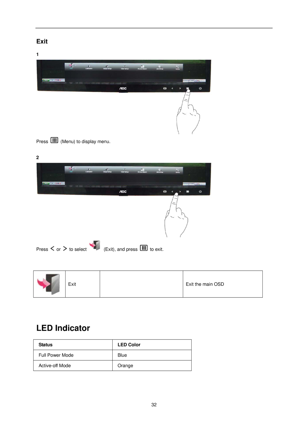 AOC E2251FWU user manual LED Indicator, Exit, Status LED Color 