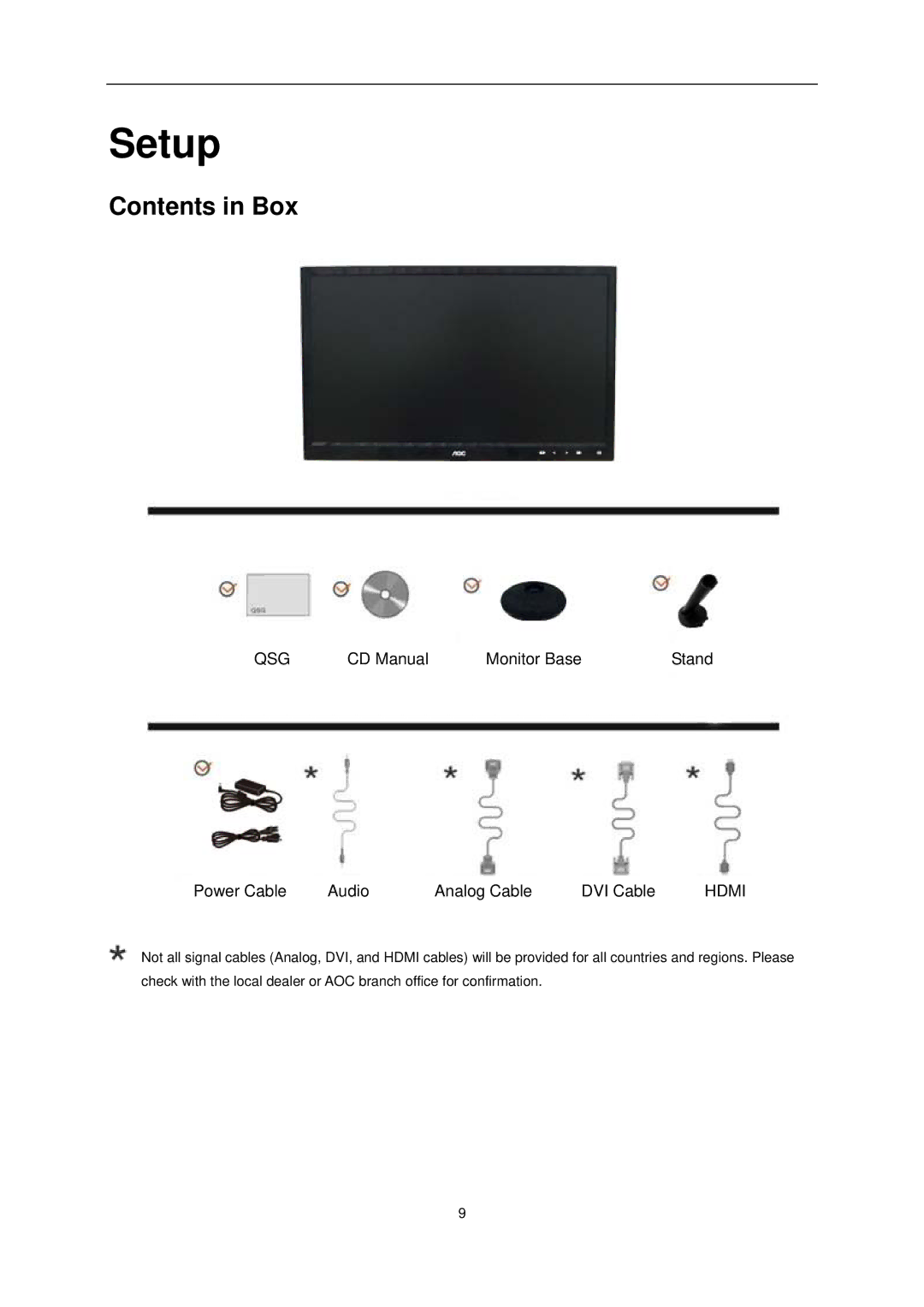 AOC E2251FWU user manual Setup, Contents in Box 