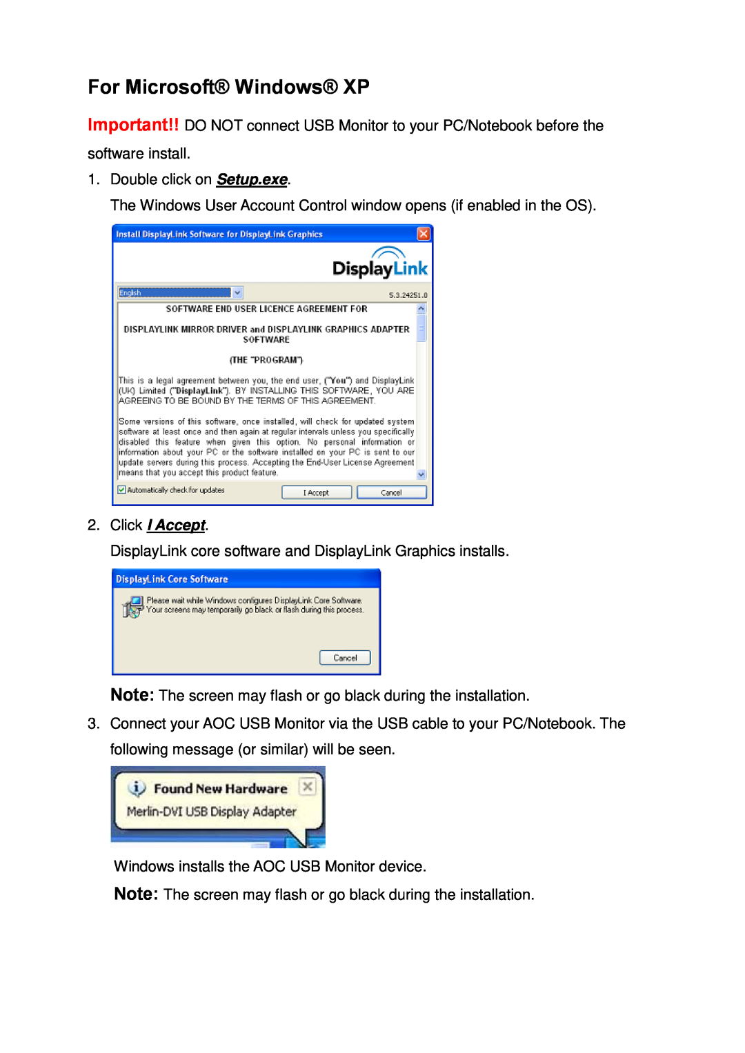 AOC E2251FWU user manual For Microsoft Windows XP, Click I Accept 