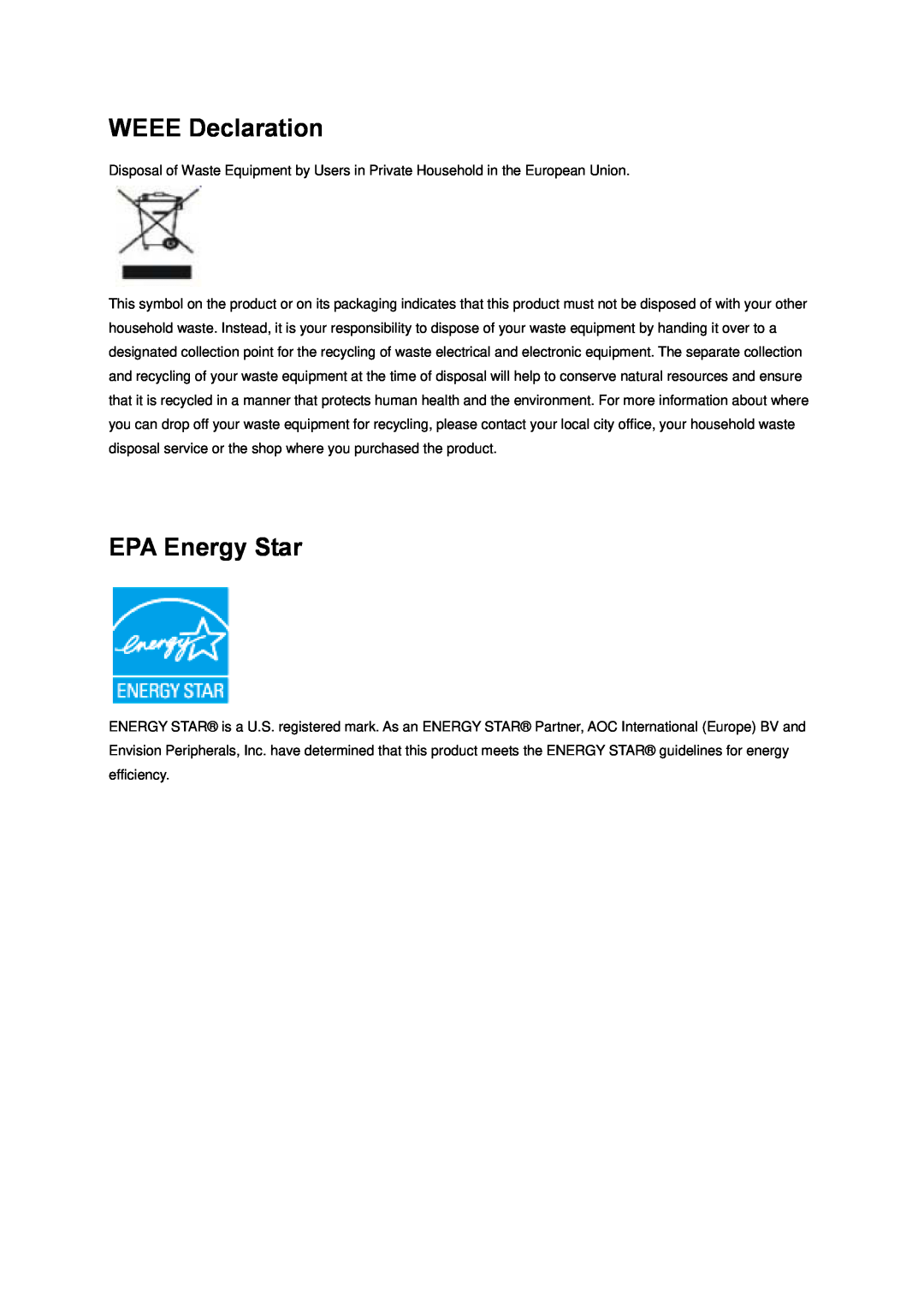 AOC E2251FWU user manual WEEE Declaration, EPA Energy Star 