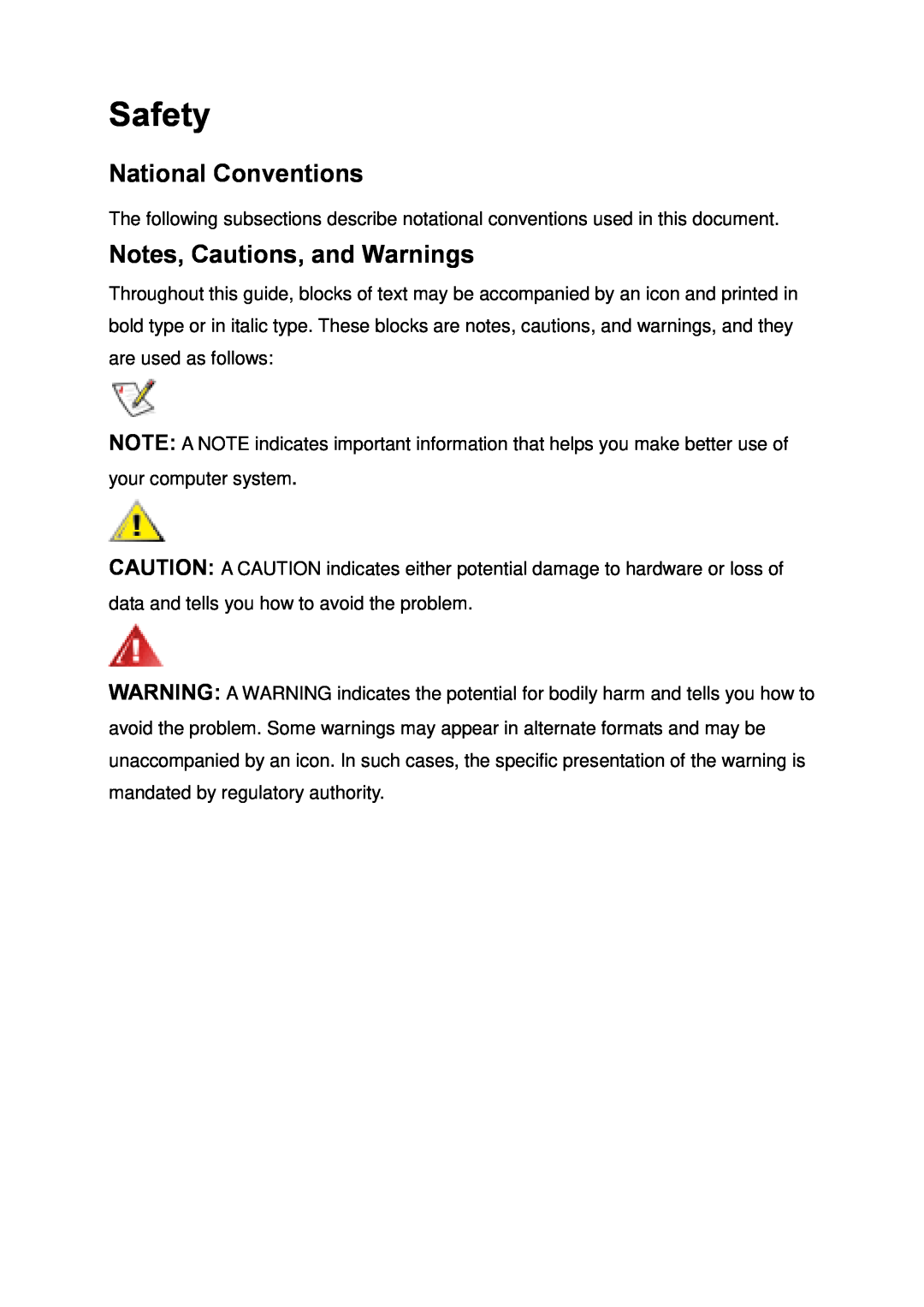 AOC E2251FWU user manual Safety, National Conventions, Notes, Cautions, and Warnings 