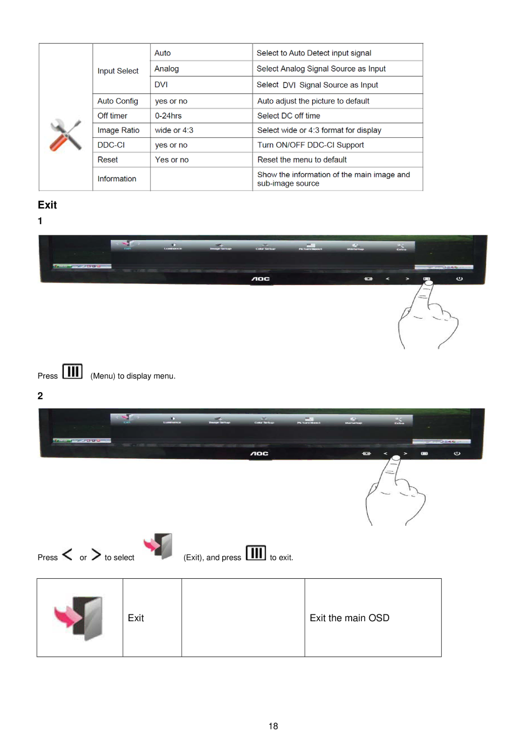 AOC E2251SWDN manual Exit 