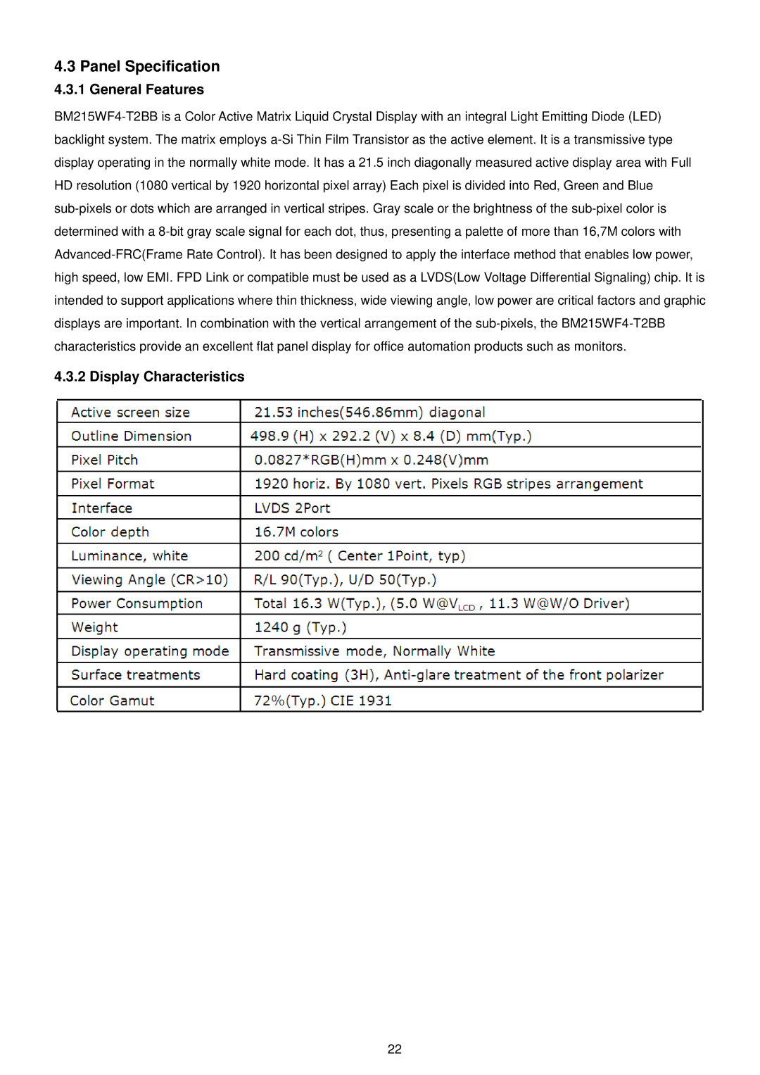 AOC E2251SWDN manual Panel Specification, General Features, Display Characteristics 