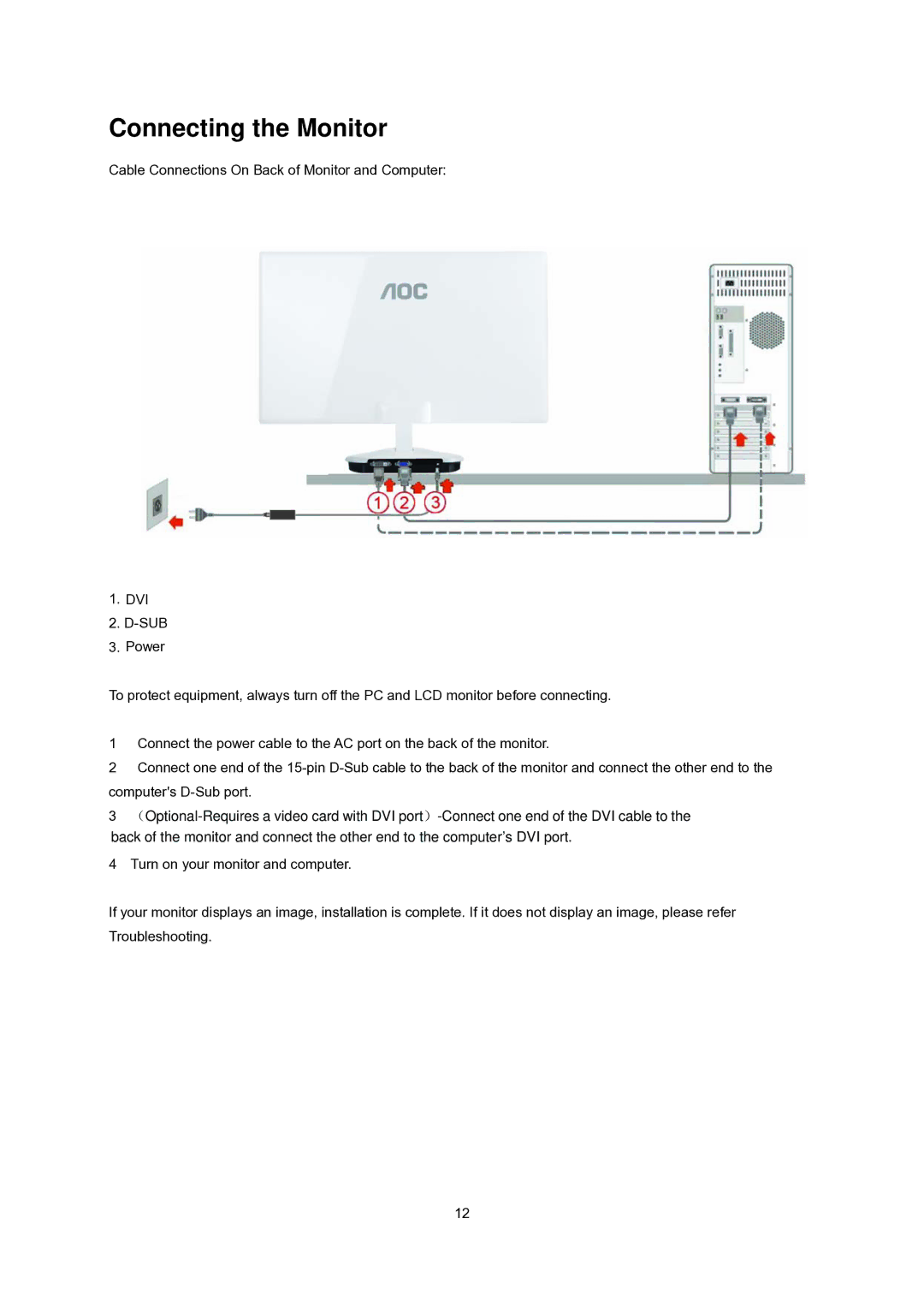 AOC E2343F manual Connecting the Monitor 