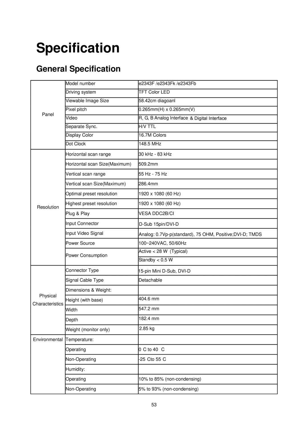 AOC E2343F manual General Specification 