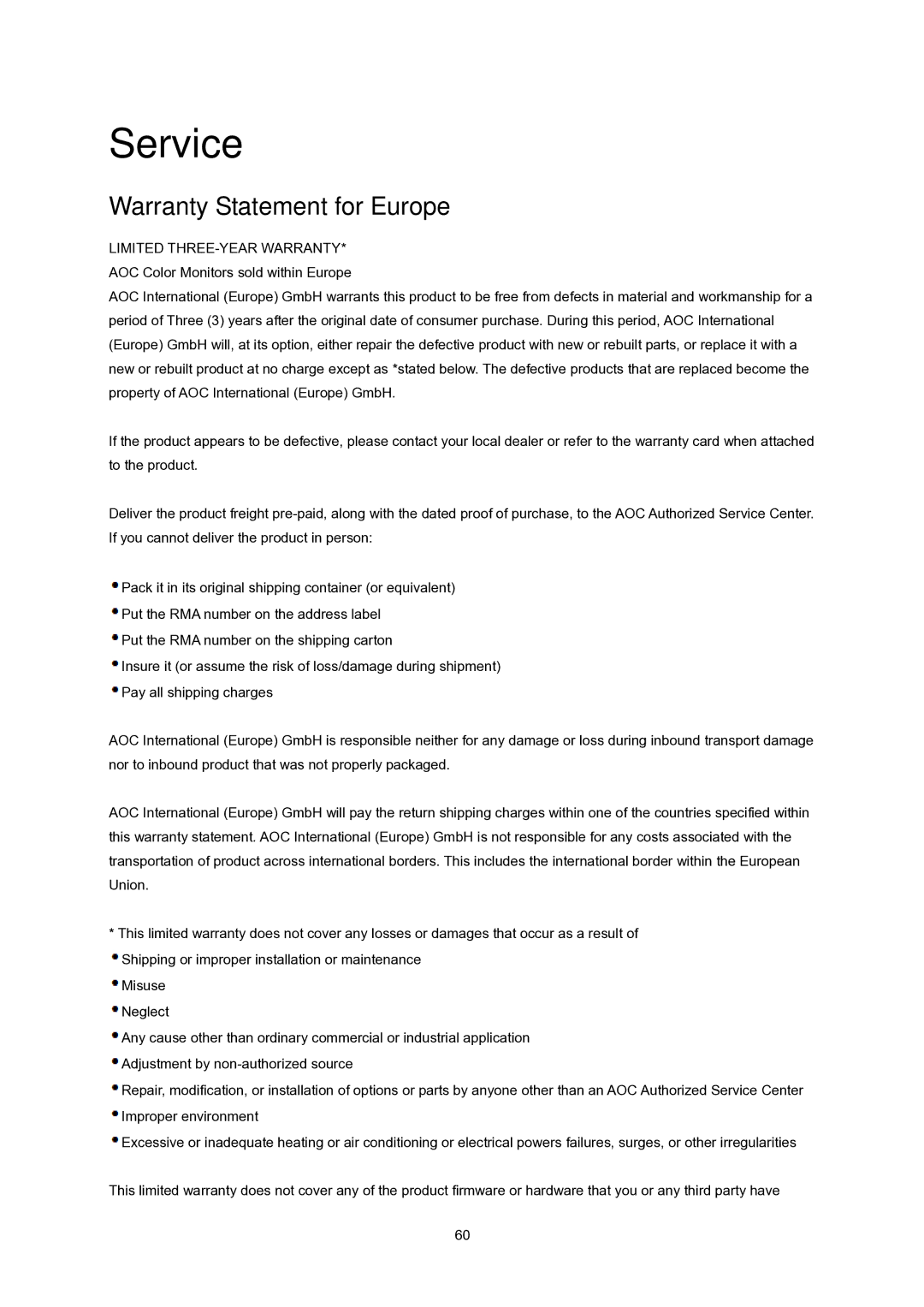 AOC E2343F manual Service, Warranty Statement for Europe 