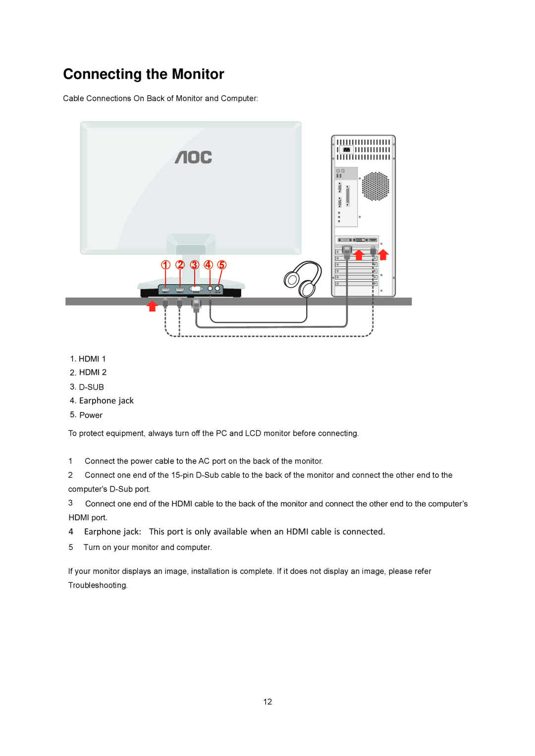 AOC e2343f2 manual Connecting the Monitor, 3 4 