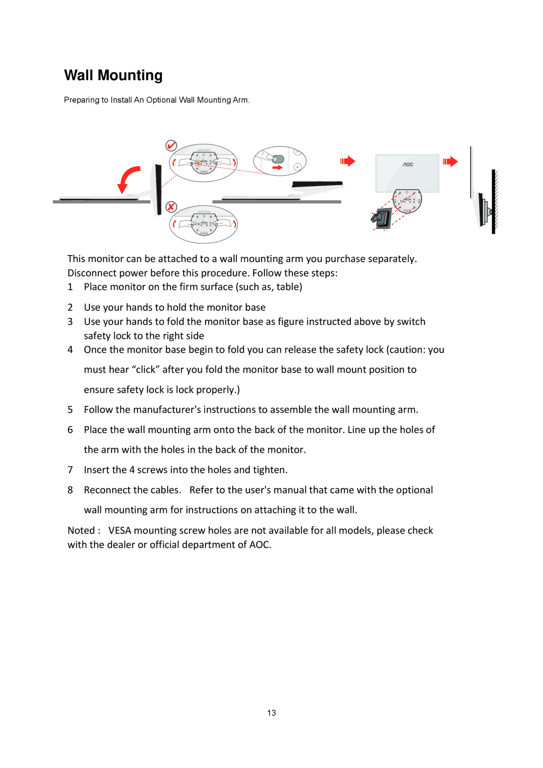 AOC e2343f2 manual Wall Mounting 