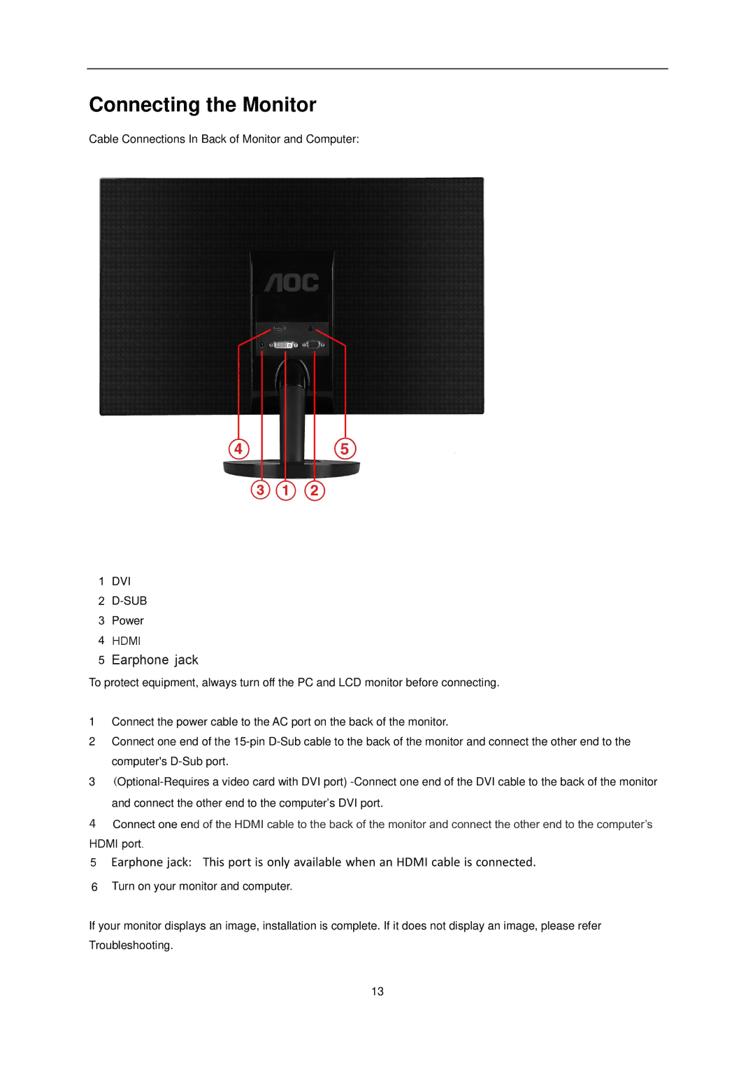 AOC e2351Fh user manual Connecting the Monitor, Earphone jack 