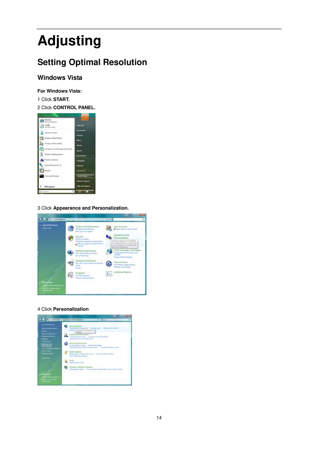 AOC e2351Fh user manual Adjusting, Setting Optimal Resolution, Windows Vista 