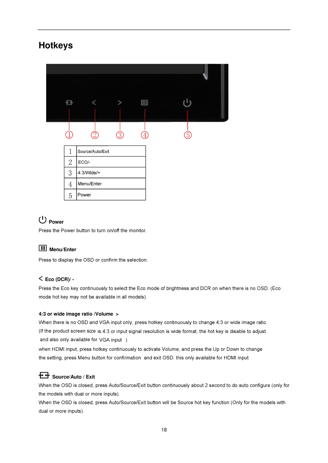 AOC e2351Fh user manual Hotkeys, Eco DCR 