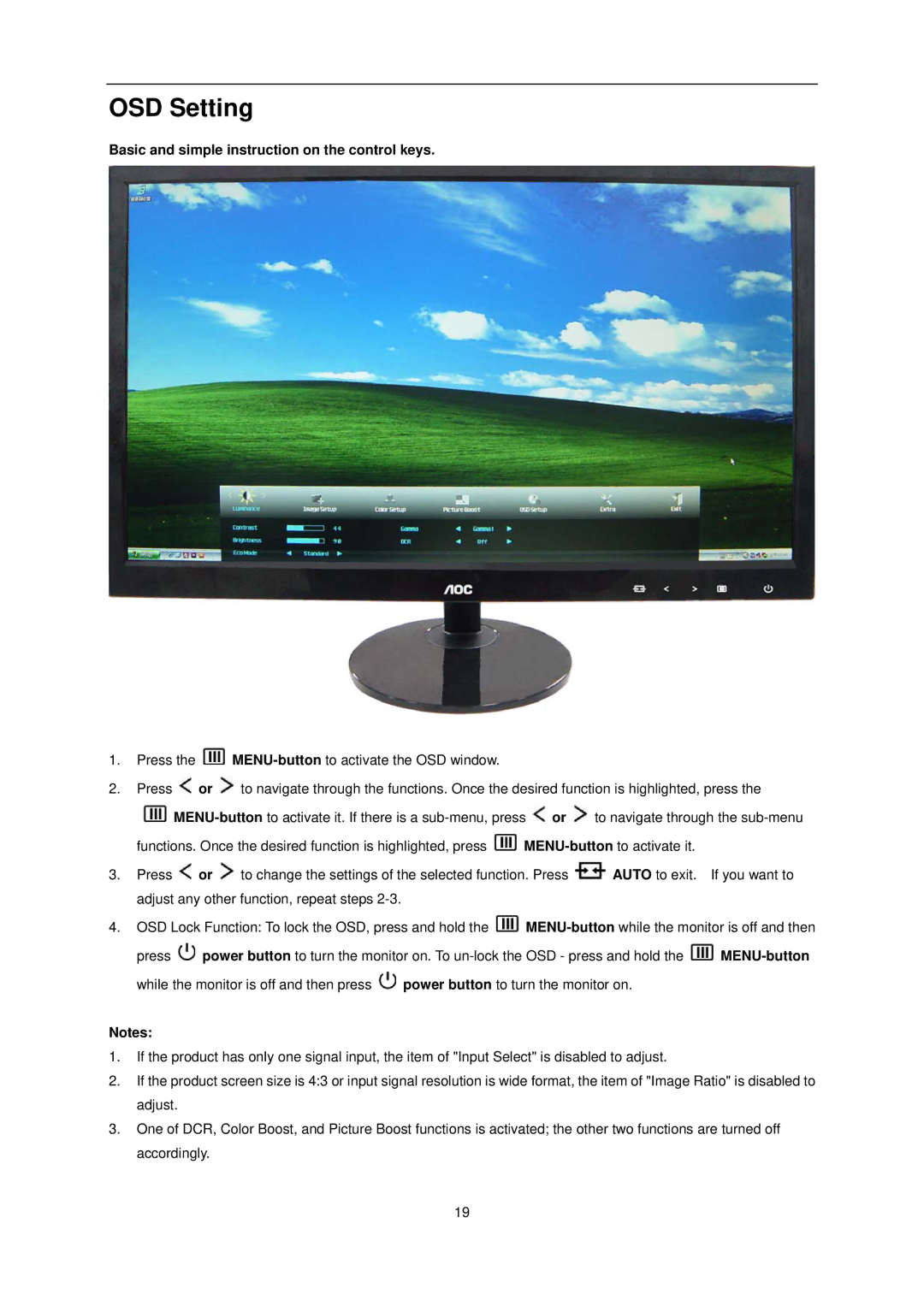 AOC e2351Fh user manual OSD Setting, Basic and simple instruction on the control keys 