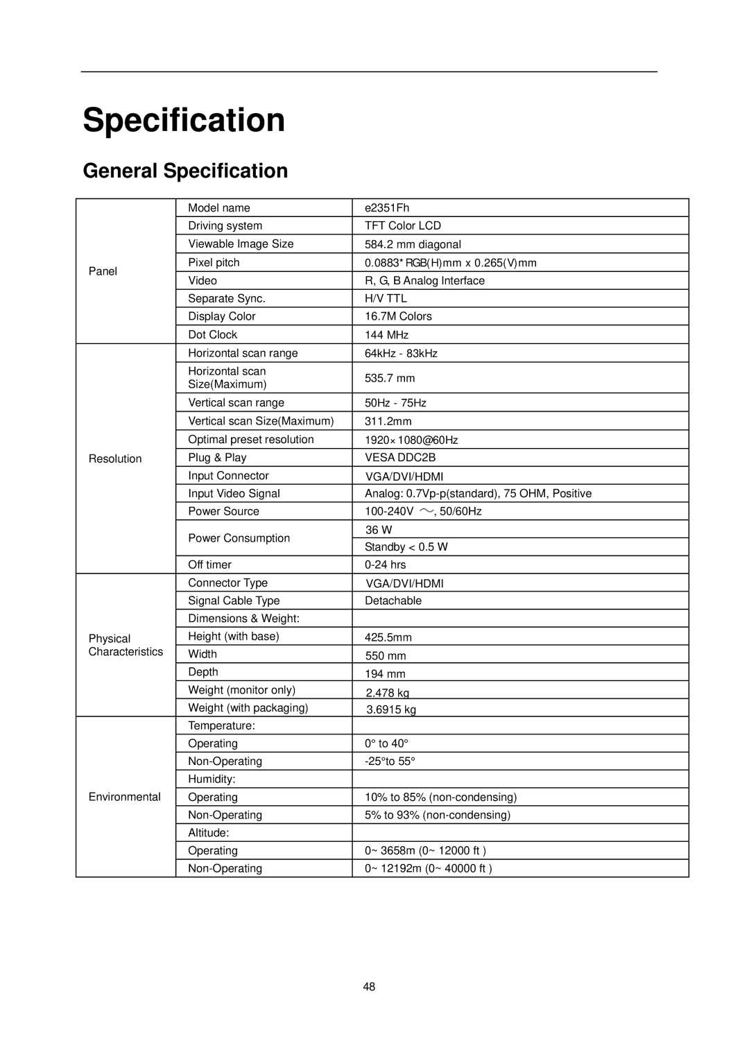 AOC e2351Fh user manual General Specification 