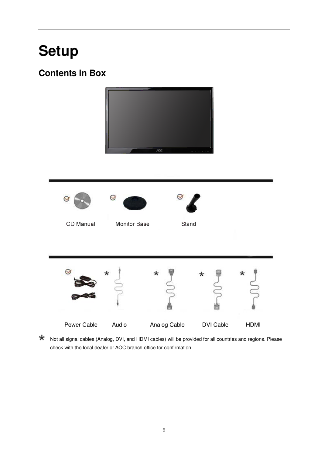 AOC e2351Fh user manual Setup, Contents in Box 