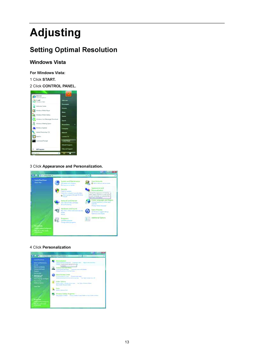 AOC E2357FH user manual Adjusting, Setting Optimal Resolution, Windows Vista 