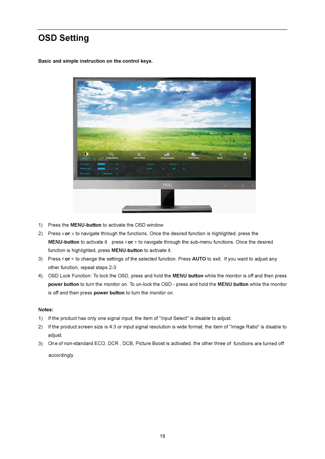 AOC E2357FH user manual OSD Setting, Basic and simple instruction on the control keys 