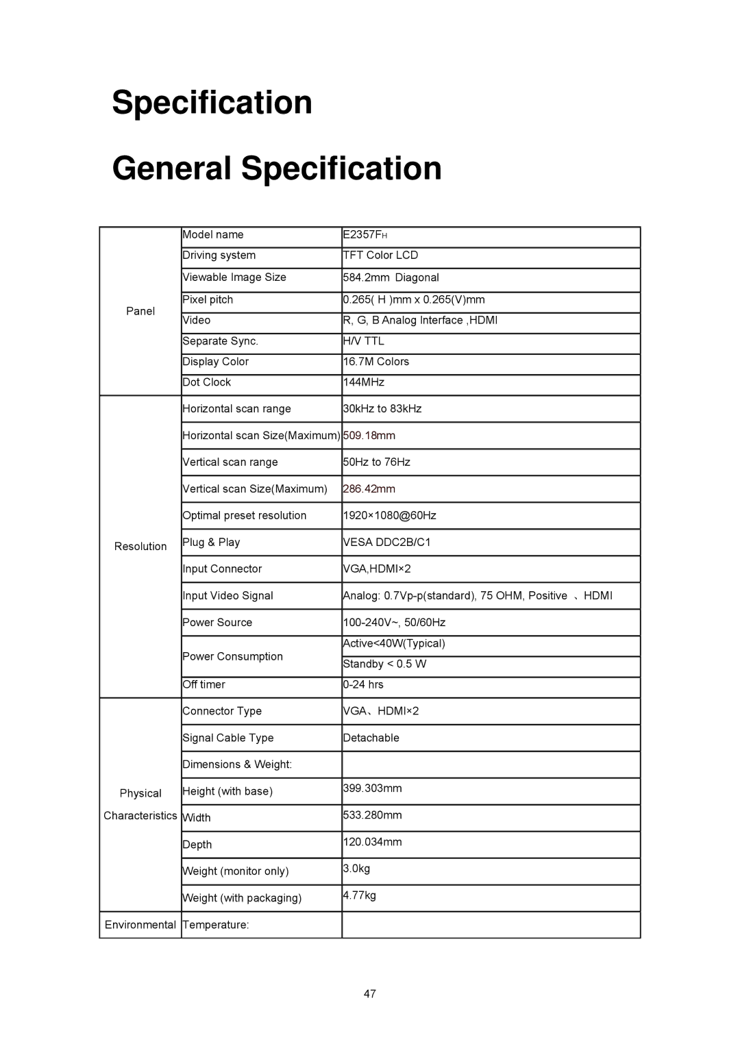 AOC E2357FH user manual Specification General Specification, Ttl 