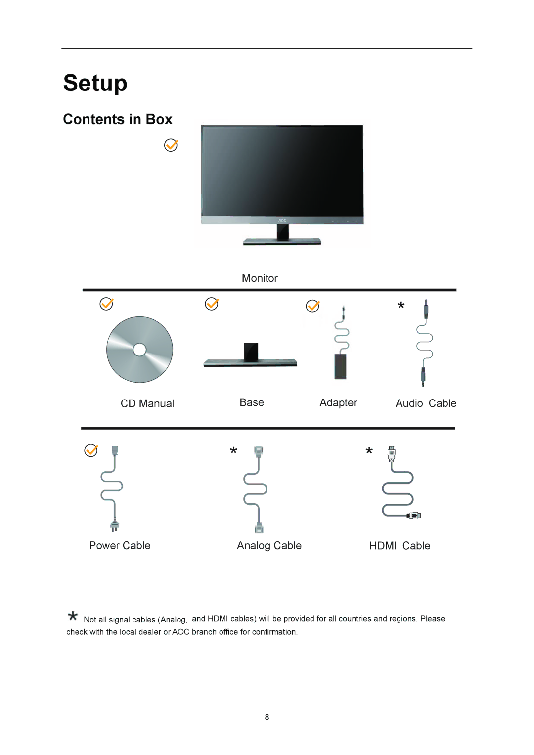 AOC E2357FH user manual Setup, Contents in Box 