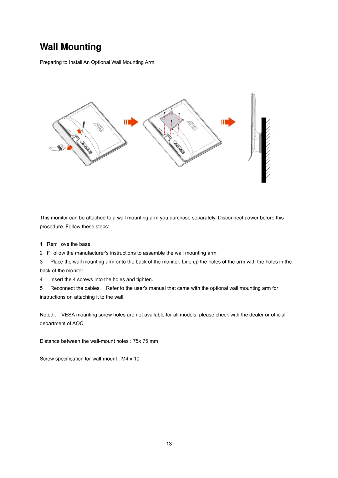 AOC E2437Fh manual Wall Mounting 