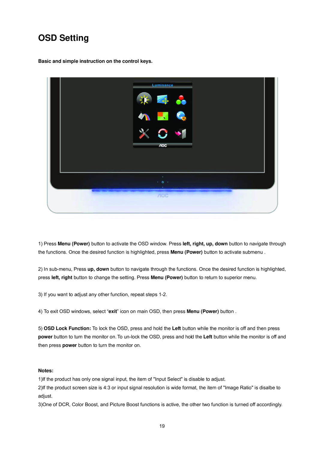 AOC E2437Fh manual OSD Setting, Basic and simple instruction on the control keys 