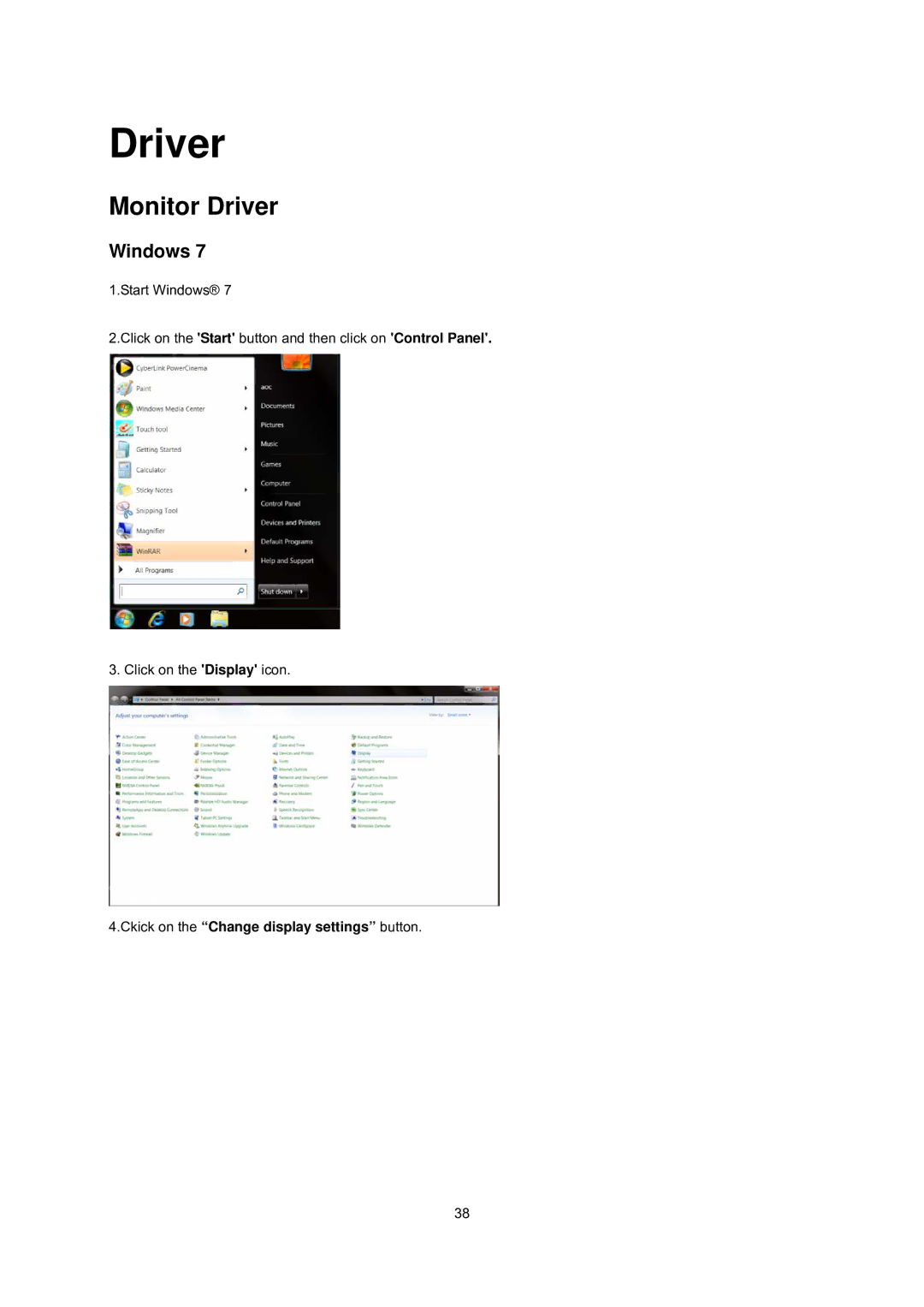 AOC E2437Fh manual Monitor Driver, Windows, Ckick on the Change display settings button 