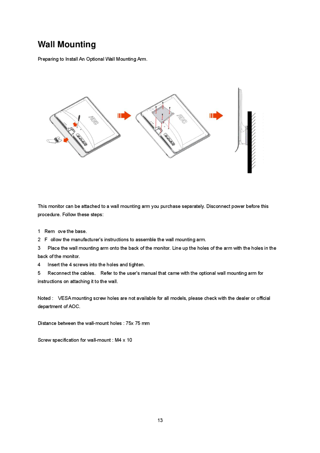 AOC E2437Fh manual Wall Mounting 