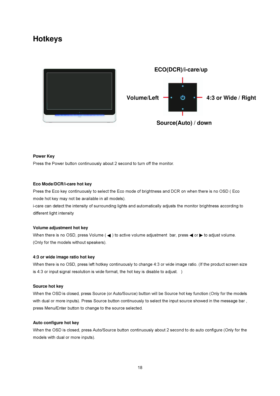 AOC E2437Fh manual Hotkeys 