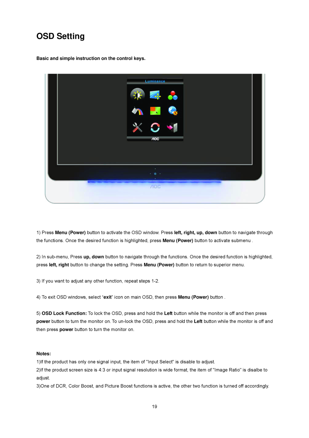 AOC E2437Fh manual OSD Setting, Basic and simple instruction on the control keys 