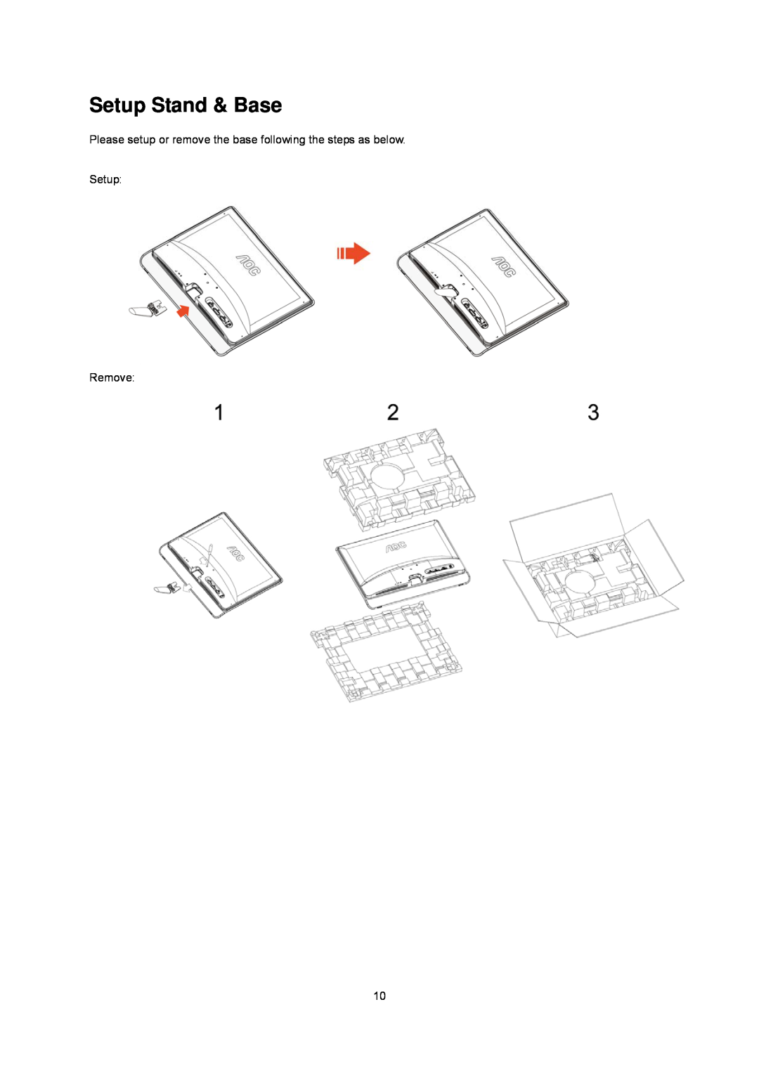 AOC E2437Fh manual Setup Stand & Base, Please setup or remove the base following the steps as below Setup, Remove 